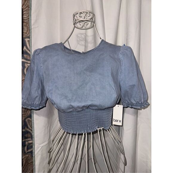 NEW WITH TAGS Bar III Chambray Puff-Sleeve Top WOMEN SIZE SMALL - Picture 2 of 5
